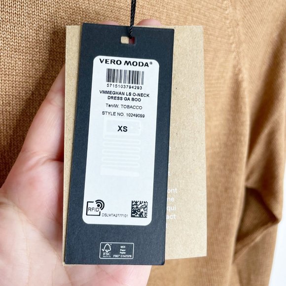 NEW Vero Moda Meghan Long Sleeve O-Neck Dress Size Small - Tan/Tobacco - Picture 5 of 9